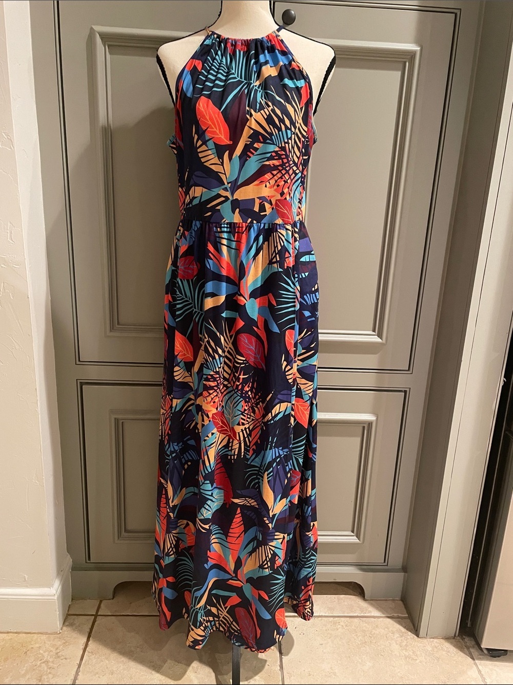 Tropical Halter Maxi Dress in Navy with Bold Leaf Print and Pockets-Large